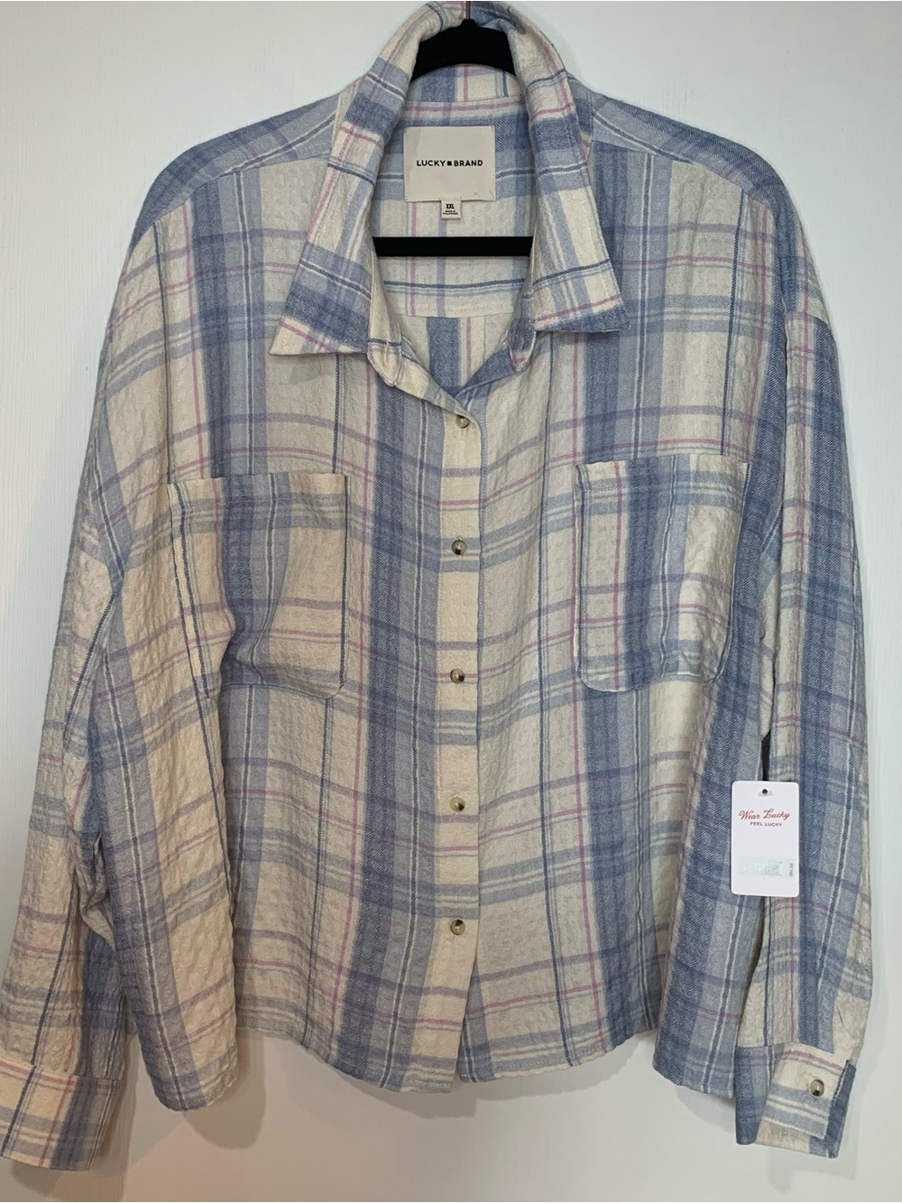 Lucky Brand Women’s NWT XXL FLOWY Blue Plaid Cropped Ling Sleeve Button-Up Shirt